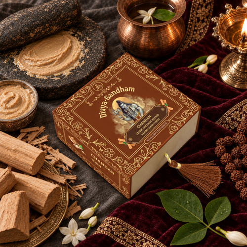 Overhead view of the Divyagandham Chandan bambooless incense cones box featuring Lord Shiva, surrounded by sandalwood logs, freshly ground sandalwood paste on a stone, a copper kalash, and a lit brass diya on a red velvet cloth.
