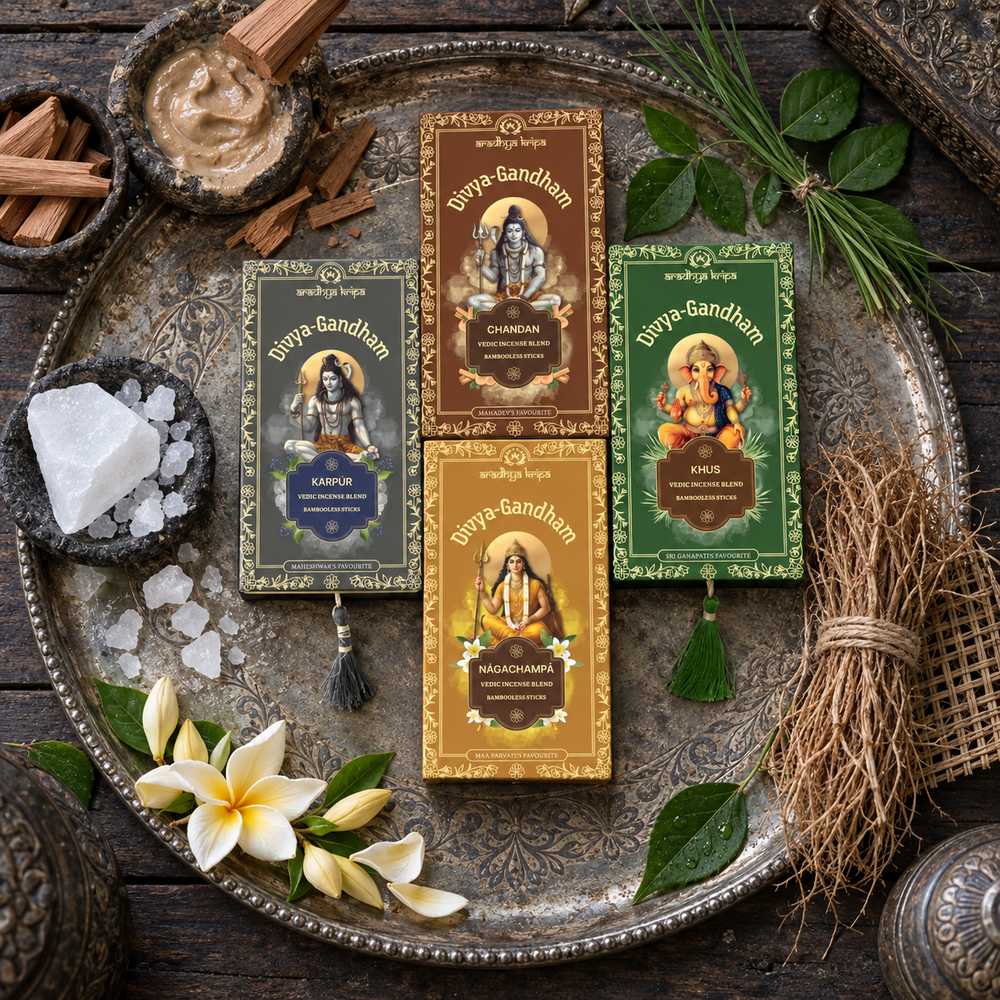 Four boxed sets of Divyagandham Vedic incense sticks featuring Chandan (Sandalwood) and Karpur (Camphor) for Lord Shiva puja, Naga Champa for Maa Parvati (Devi) worship, and Khus (Vetiver) for Lord Ganesha puja, arranged side by side.