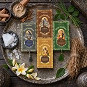 Four boxed sets of Divyagandham Vedic incense sticks featuring Chandan (Sandalwood) and Karpur (Camphor) for Lord Shiva puja, Naga Champa for Maa Parvati (Devi) worship, and Khus (Vetiver) for Lord Ganesha puja, arranged side by side.