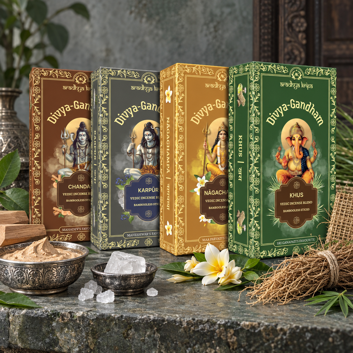 Four boxed sets of Divyagandham Vedic incense sticks featuring Chandan (Sandalwood) and Karpur (Camphor) for Lord Shiva puja, Naga Champa for Maa Parvati (Devi) worship, and Khus (Vetiver) for Lord Ganesha puja, arranged standing.