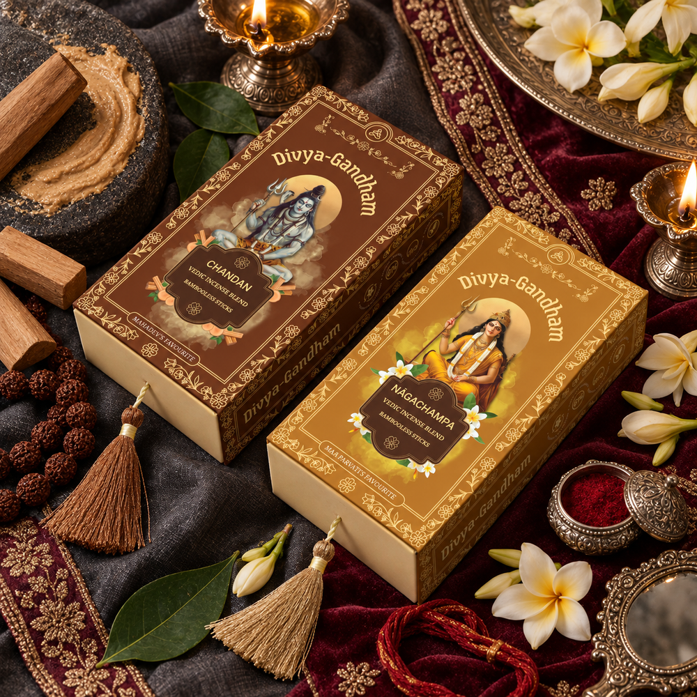 Two boxed sets of Divyagandham Vedic incense sticks featuring Chandan (Sandalwood) for Lord Shiva puja and Naga Champa for Devi (Maa Parvati) worship, displayed with decorative tassels.