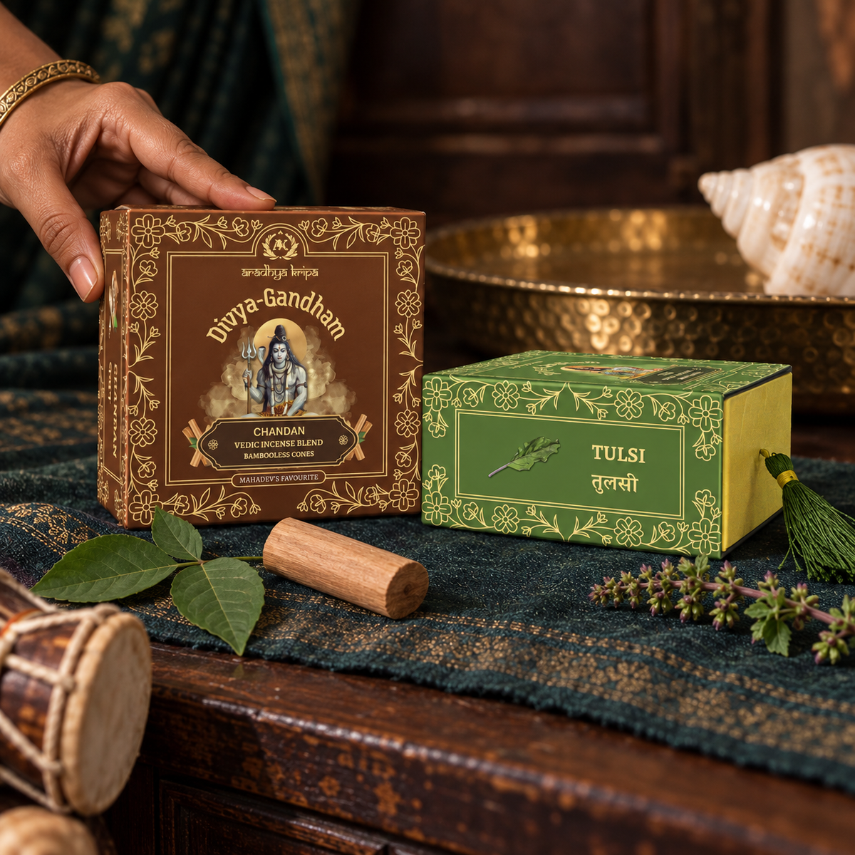 Two boxed sets of Divyagandham bambooless dhoop cones featuring Chandan (Sandalwood) for Lord Shiva puja and Tulsi (Holy Basil) for Lord Vishnu worship.