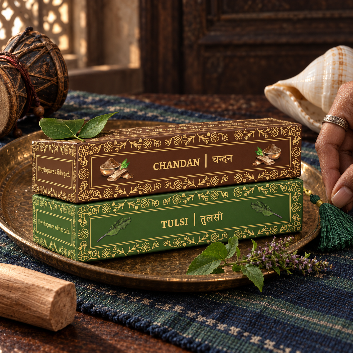 Two boxed sets of Divyagandham Vedic incense sticks featuring Chandan (Sandalwood) for Lord Shiva puja and Tulsi (Holy Basil) for Lord Vishnu worship, displayed.