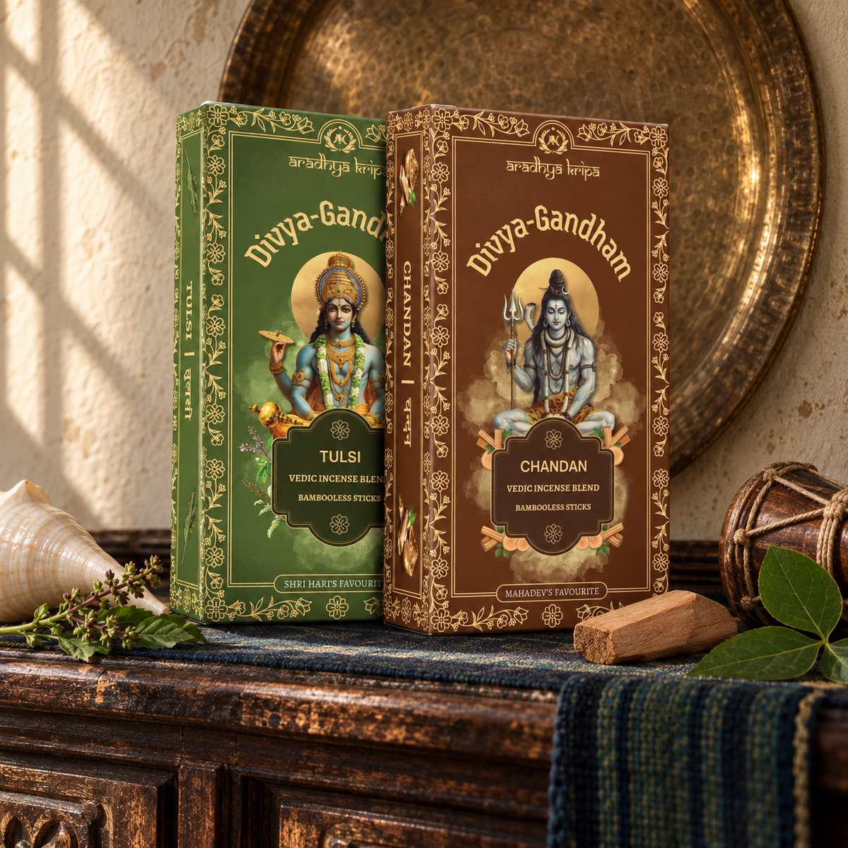 Two boxed sets of Divyagandham Vedic incense sticks featuring Chandan (Sandalwood) for Lord Shiva puja and Tulsi (Holy Basil) for Lord Vishnu worship, standing displayed.
