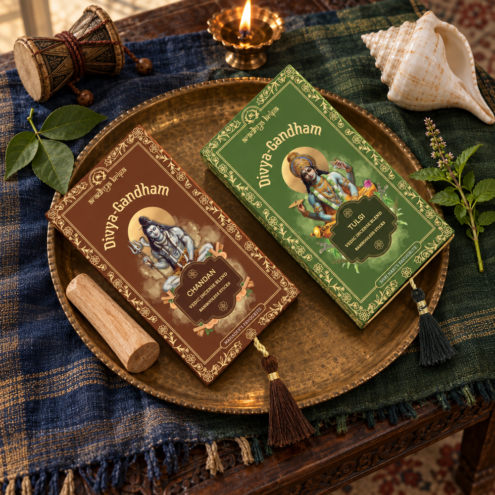 Two boxed sets of Divyagandham Vedic incense sticks featuring Chandan (Sandalwood) for Lord Shiva puja and Tulsi (Holy Basil) for Lord Vishnu worship, displayed with decorative tassels.