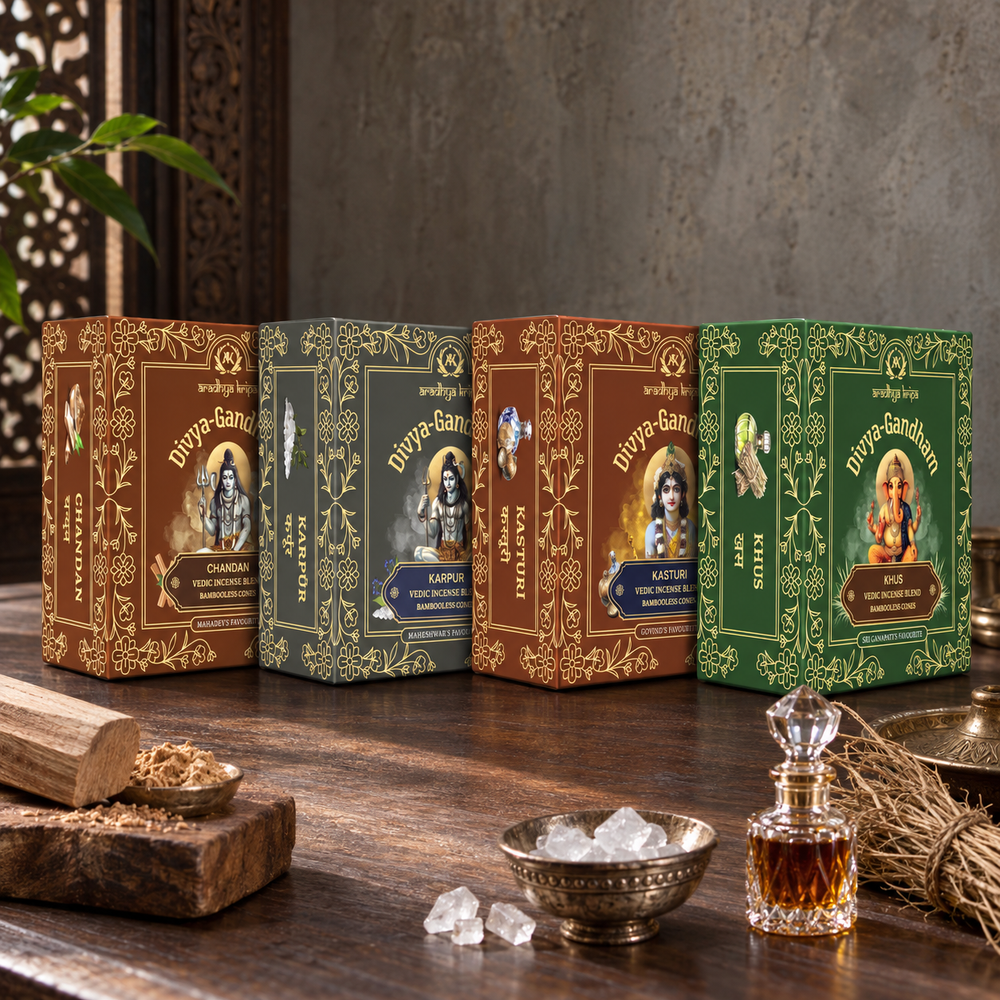 Four boxed sets of Divyagandham Vedic dhoop cones featuring Chandan (Sandalwood) and Karpur (Camphor) for Lord Shiva puja, Kasturi (Musk) for Lord Krishna worship, and Khus (Vetiver) for Lord Ganesha puja, arranged side by side.