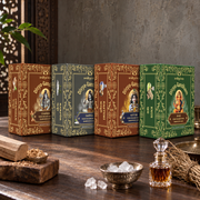Four boxed sets of Divyagandham Vedic dhoop cones featuring Chandan (Sandalwood) and Karpur (Camphor) for Lord Shiva puja, Kasturi (Musk) for Lord Krishna worship, and Khus (Vetiver) for Lord Ganesha puja, arranged side by side.