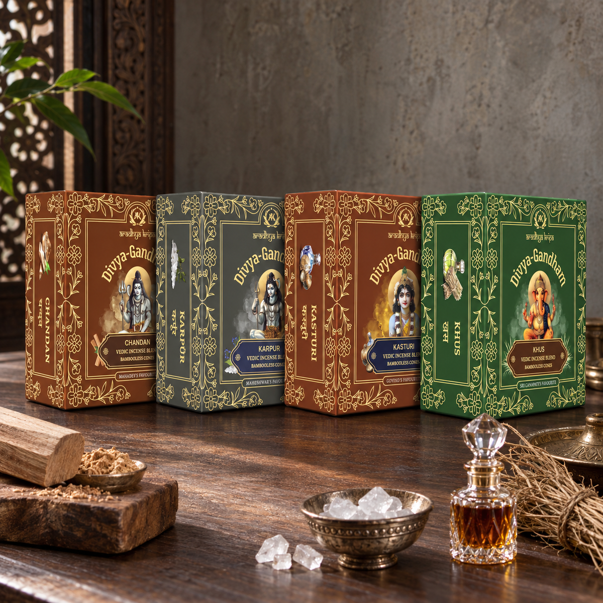Four boxed sets of Divyagandham Vedic dhoop cones featuring Chandan (Sandalwood) and Karpur (Camphor) for Lord Shiva puja, Kasturi (Musk) for Lord Krishna worship, and Khus (Vetiver) for Lord Ganesha puja, arranged side by side.