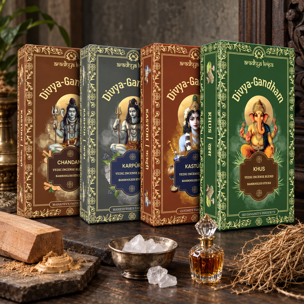 Four boxed sets of Divyagandham Vedic incense sticks featuring Chandan (Sandalwood) and Karpur (Camphor) for Lord Shiva puja, Kasturi (Musk) for Lord Krishna worship, and Khus (Vetiver) for Lord Ganesha puja, arranged side by side.