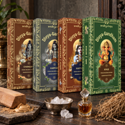 Four boxed sets of Divyagandham Vedic incense sticks featuring Chandan (Sandalwood) and Karpur (Camphor) for Lord Shiva puja, Kasturi (Musk) for Lord Krishna worship, and Khus (Vetiver) for Lord Ganesha puja, arranged side by side.