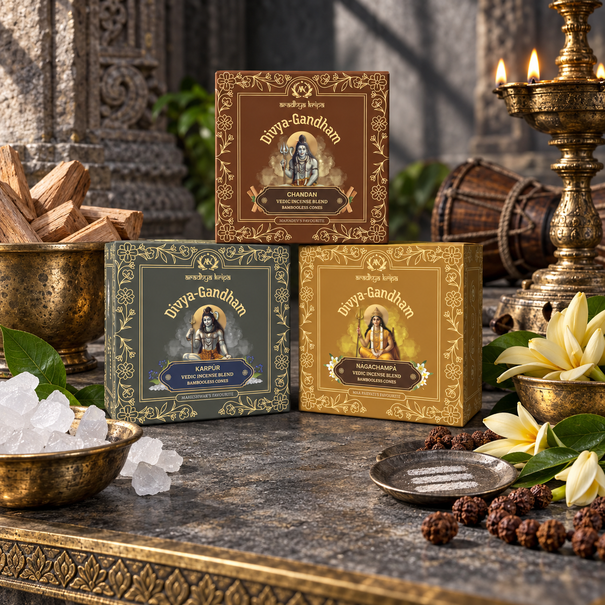 Three boxed sets of Divyagandham bambooless dhoop cones featuring Chandan (Sandalwood) and Karpur (Camphor) for Lord Shiva puja, alongside Naga Champa for Maa Parvati (Devi) worship displayed.