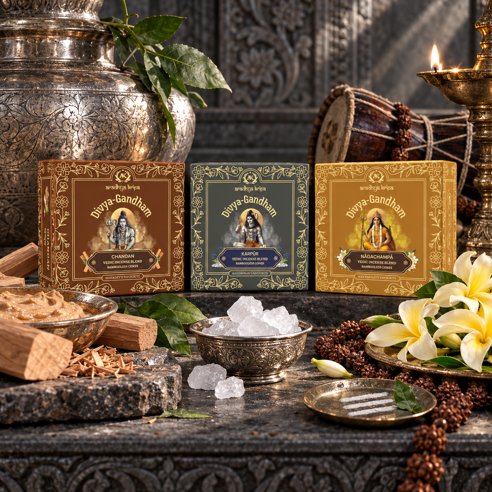 Three boxed sets of Divyagandham bambooless dhoop cones featuring Chandan (Sandalwood) and Karpur (Camphor) for Lord Shiva puja, alongside Naga Champa for Maa Parvati (Devi) worship, displayed on a dark stone surface with decorative props including a silver pot, drum, brass lamp, flowers, and crystals. The boxes are shown in three colorways: brown, blue-green, and gold.