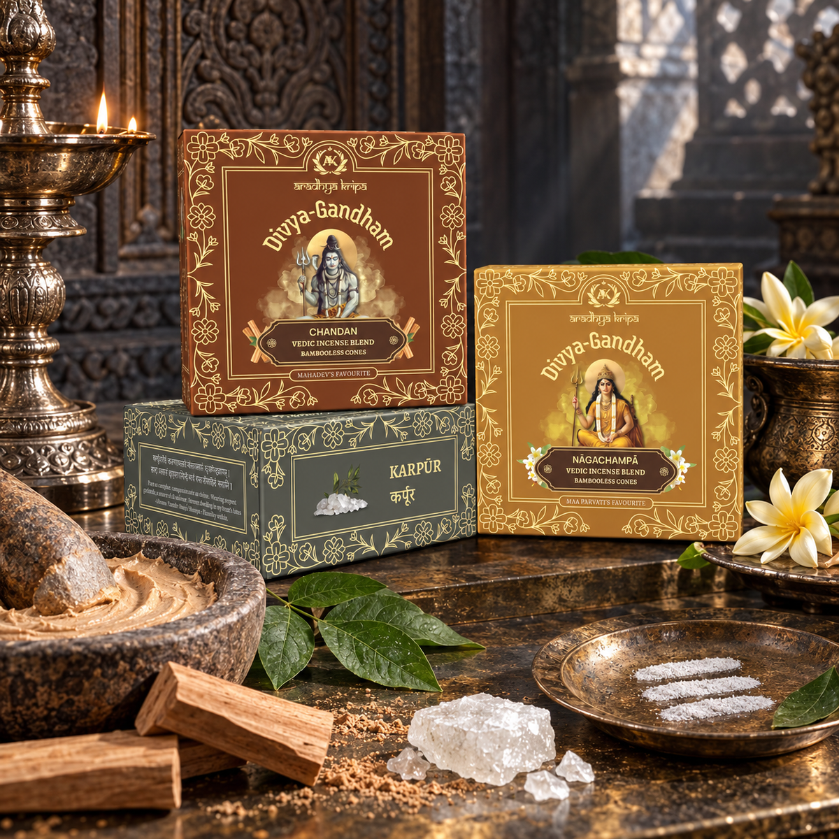 Three boxed sets of Divyagandham bambooless dhoop cones featuring Chandan (Sandalwood) and Karpur (Camphor) for Lord Shiva puja, alongside Naga Champa for Maa Parvati (Devi) worship displayed on a dark stone surface with incense ingredients, leaves, a brass spoon, and traditional decor in the background.