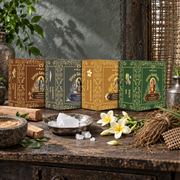 Four boxed sets of Divyagandham Vedic dhoop cones featuring Chandan (Sandalwood) and Karpur (Camphor) for Lord Shiva puja, Naga Champa for Maa Parvati (Devi) worship, and Khus (Vetiver) for Lord Ganesha puja, arranged side by side.
