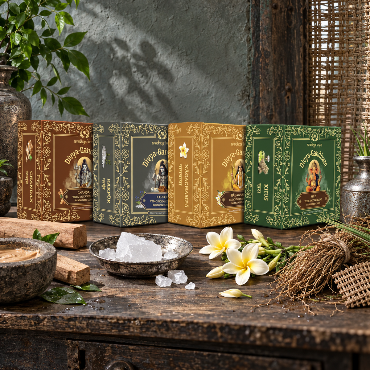 Four boxed sets of Divyagandham Vedic dhoop cones featuring Chandan (Sandalwood) and Karpur (Camphor) for Lord Shiva puja, Naga Champa for Maa Parvati (Devi) worship, and Khus (Vetiver) for Lord Ganesha puja, arranged side by side.