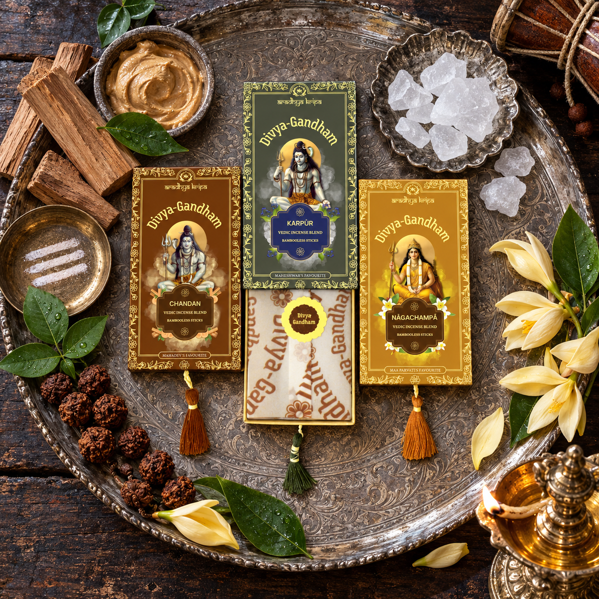Three boxed sets of Divyagandham Vedic incense sticks featuring Chandan (Sandalwood) and Karpur (Camphor) for Lord Shiva puja, alongside Naga Champa for Maa Parvati worship displayed.