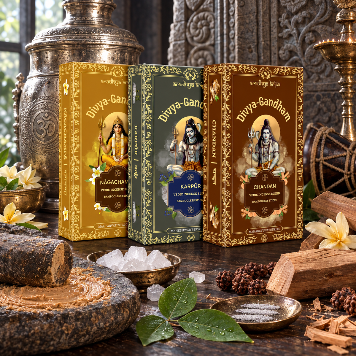 Three boxed sets of Divyagandham Vedic incense sticks featuring Chandan (Sandalwood) and Karpur (Camphor) for Lord Shiva puja, alongside Naga Champa for Maa Parvati worship, displayed Standing.