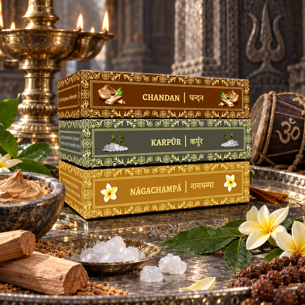 Three boxed sets of Divyagandham Vedic incense sticks featuring Chandan (Sandalwood) and Karpur (Camphor) for Lord Shiva puja, alongside Naga Champa for Maa Parvati worship.