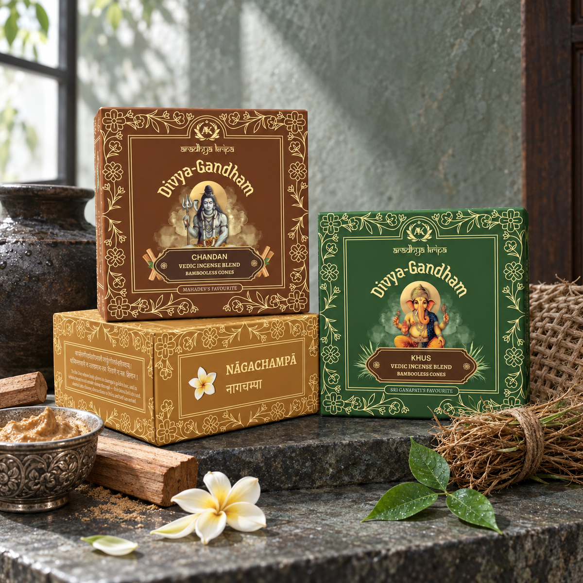 Three boxed sets of Divyagandham bambooless dhoop cones featuring Chandan (Sandalwood) for Lord Shiva puja, Naga Champa for Maa Parvati (Devi) worship, and Khus (Vetiver) for Lord Ganesha puja displayed.