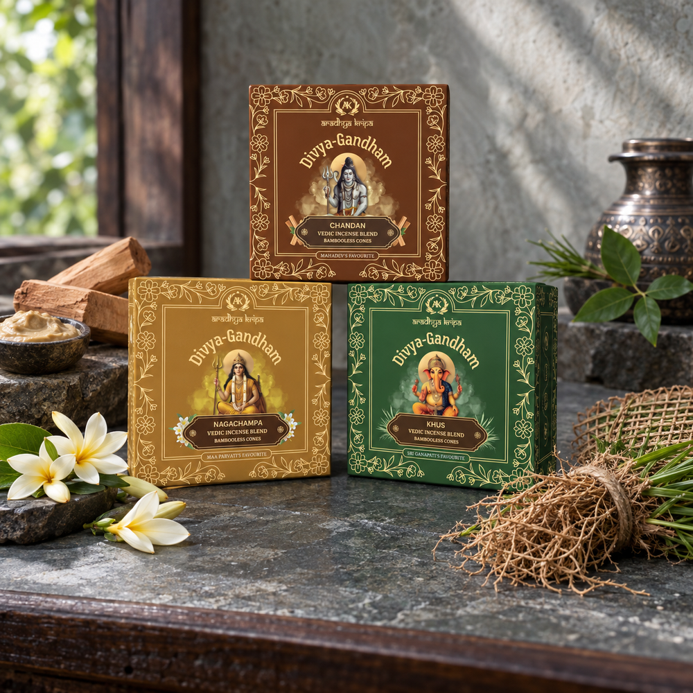 Three boxed sets of Divyagandham bambooless dhoop cones featuring Chandan (Sandalwood) for Lord Shiva puja, Naga Champa for Maa Parvati (Devi) worship, and Khus (Vetiver) for Lord Ganesha puja.