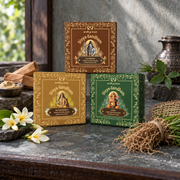 Three boxed sets of Divyagandham bambooless dhoop cones featuring Chandan (Sandalwood) for Lord Shiva puja, Naga Champa for Maa Parvati (Devi) worship, and Khus (Vetiver) for Lord Ganesha puja.