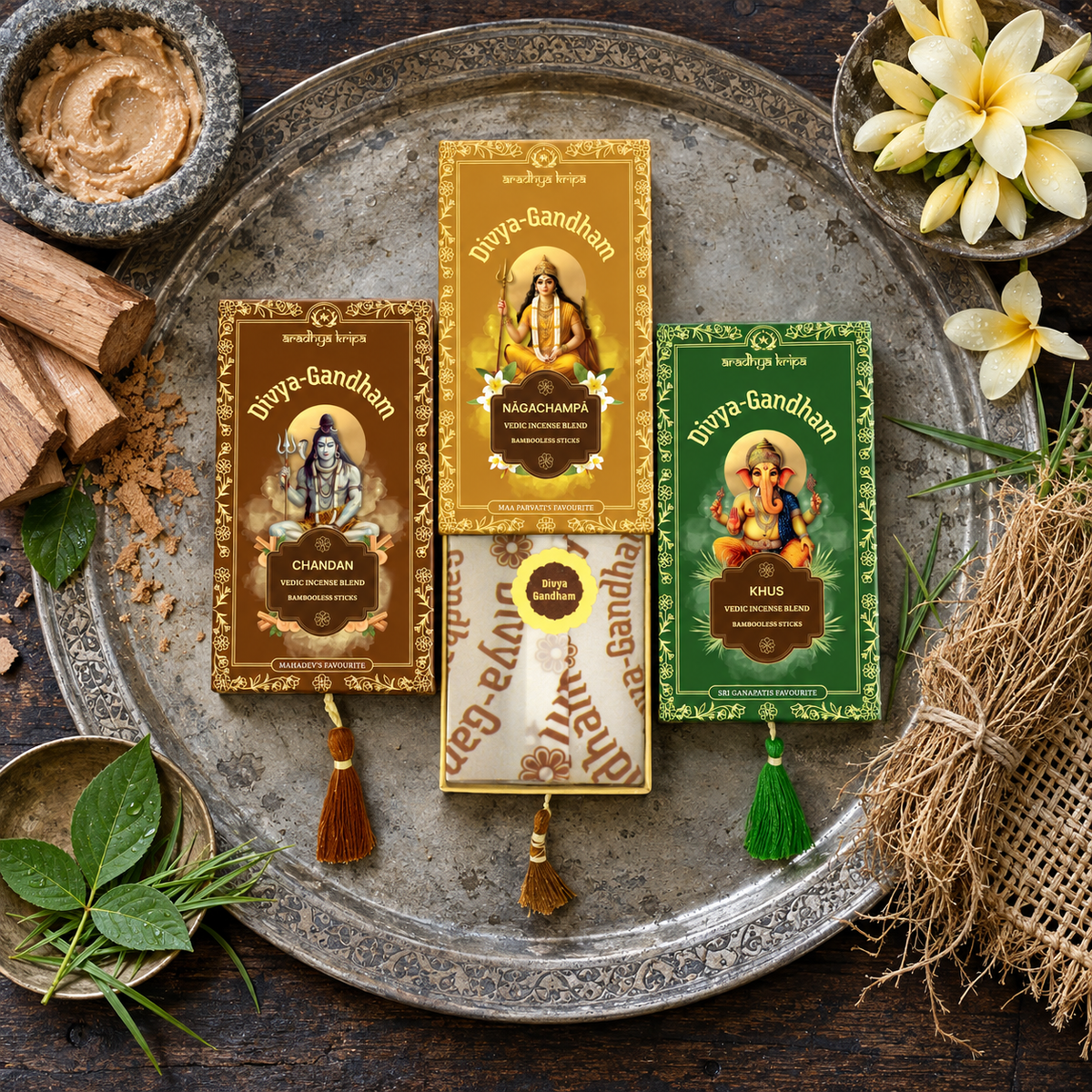 Three boxed sets of Divyagandham Vedic incense sticks featuring Khus (Vetiver) for Lord Ganesha puja, Naga Champa for Maa Parvati (Devi) worship, and Chandan (Sandalwood) for Lord Shiva puja, displayed with decorative tassels.