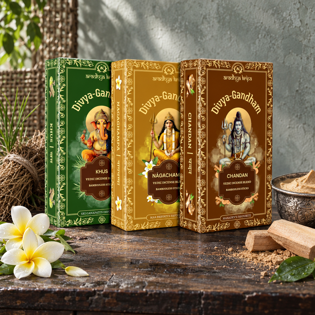 Three boxed sets of Divyagandham Vedic incense sticks featuring Khus (Vetiver) for Lord Ganesha puja, Naga Champa for Maa Parvati (Devi) worship, and Chandan (Sandalwood) for Lord Shiva puja, displayed Standing.