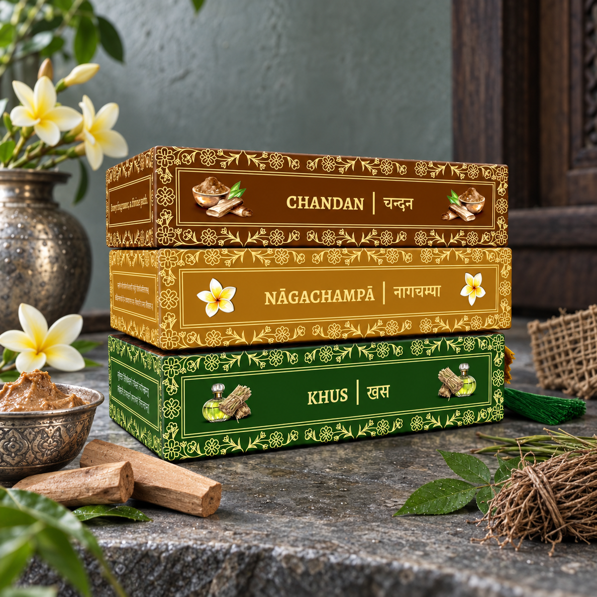 Three boxed sets of Divyagandham Vedic incense sticks featuring Khus (Vetiver) for Lord Ganesha puja, Naga Champa for Maa Parvati (Devi) worship, and Chandan (Sandalwood) for Lord Shiva puja, displayed.