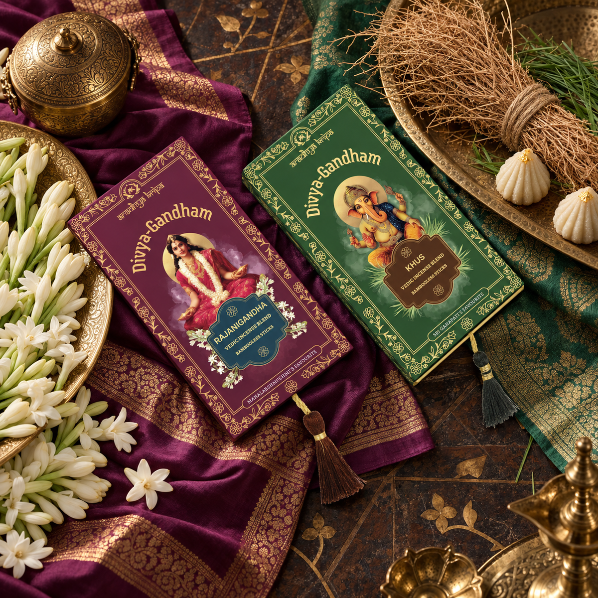 Two boxed sets of Divyagandham Vedic incense sticks featuring Rajnigandha for Devi worship and wealth attraction, and Khus (Vetiver) for aura cleansing and obstacle removal.