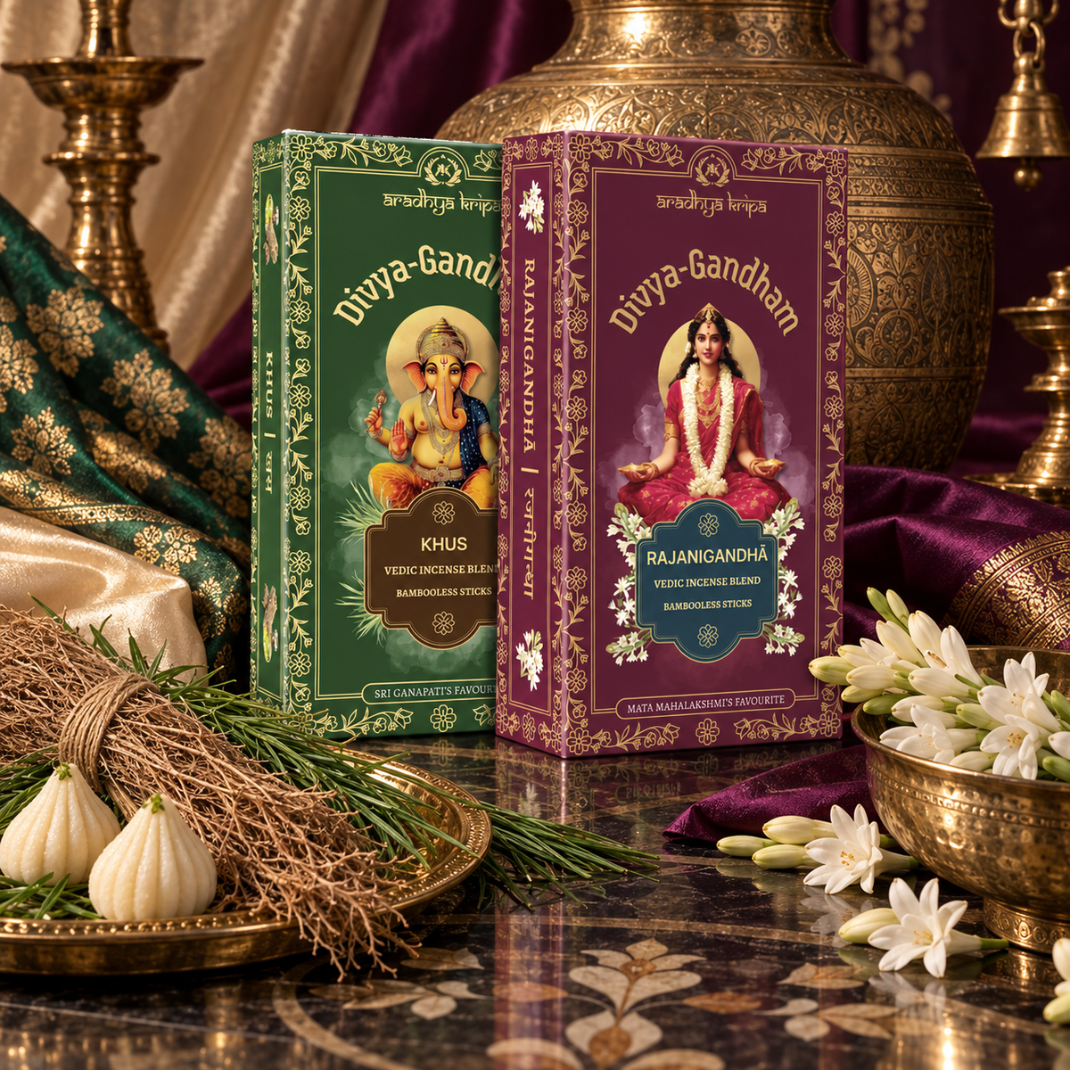 Two boxed sets of Divyagandham Vedic incense sticks featuring Rajnigandha for Devi worship and wealth attraction, and Khus (Vetiver) for aura cleansing and obstacle removal.