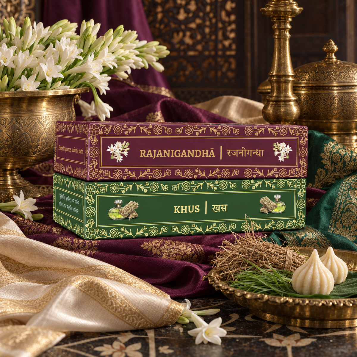 Two boxed sets of Divyagandham Vedic incense sticks featuring Rajnigandha for Devi worship and wealth attraction, and Khus (Vetiver) for aura cleansing and obstacle removal along with rajnigandha flower and khus.
