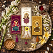Three boxed sets of Divyagandham Vedic incense sticks formulated for Devi worship, featuring Nagachampa for Maa Parvati, Chameli for Maa Saraswati, and Rajnigandha for Mata Mahalakshmi, displayed with decorative tassels.