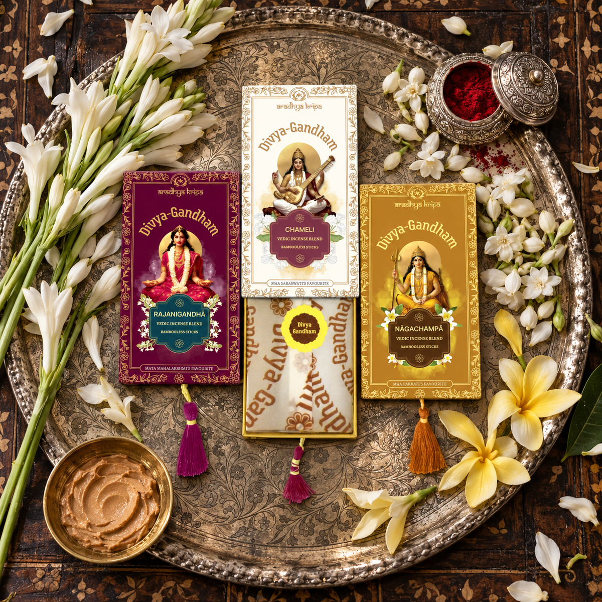Three boxed sets of Divyagandham Vedic incense sticks formulated for Devi worship, featuring Nagachampa for Maa Parvati, Chameli for Maa Saraswati, and Rajnigandha for Mata Mahalakshmi, displayed with decorative tassels.