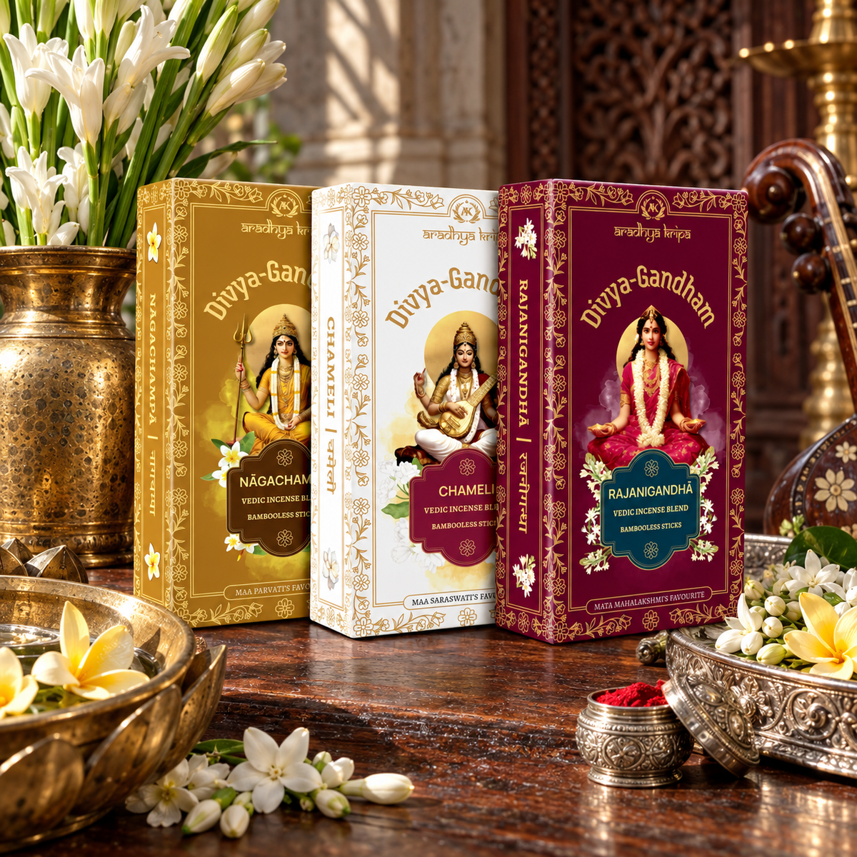 Three boxed sets of Divyagandham Vedic incense sticks formulated for Devi worship, featuring Nagachampa for Maa Parvati, Chameli for Maa Saraswati, and Rajnigandha for Mata Mahalakshmi, displayed Standing.