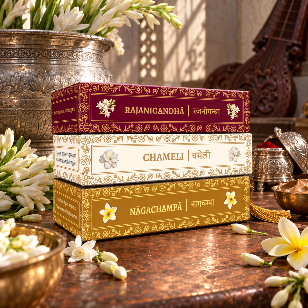 Three boxed sets of Divyagandham Vedic incense sticks formulated for Devi worship, featuring Nagachampa for Maa Parvati, Chameli for Maa Saraswati, and Rajnigandha for Mata Mahalakshmi, displayed.