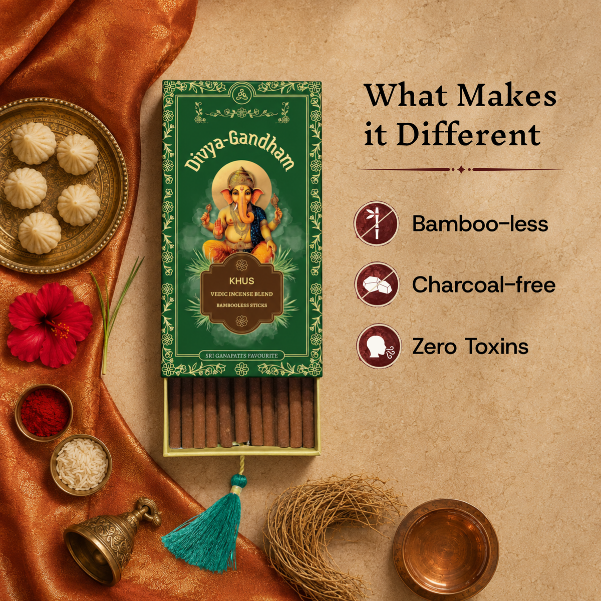 Divyagandham Khus incense box highlighting its key features: bamboo-less, charcoal-free, and zero toxins, alongside modaks and a hibiscus flower.