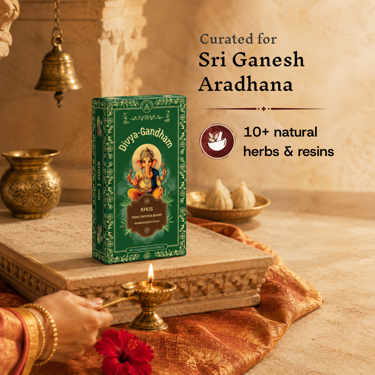 Divyagandham Khus incense stick curated for Sri Ganesh Aradhana, featuring a special mix of 10+ Ayurvedic herbs, burning in a ceramic holder.