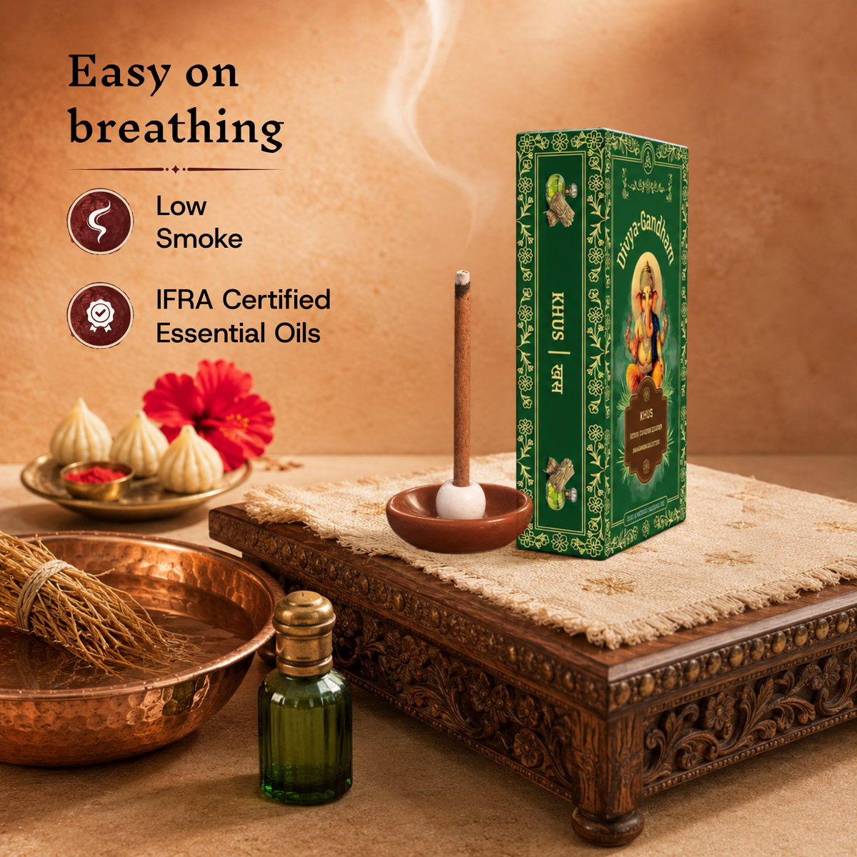 Lit Divyagandham Khus low-smoke dhoop stick highlighting easy breathing, IFRA certified essential oils, and 2X fragrance.