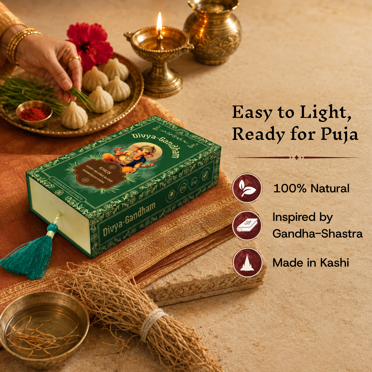 Divyagandham Khus natural dhoop box indicating it is 100% natural, inspired by Gandha-Shastra, and made in Kashi, placed near a lit diya.