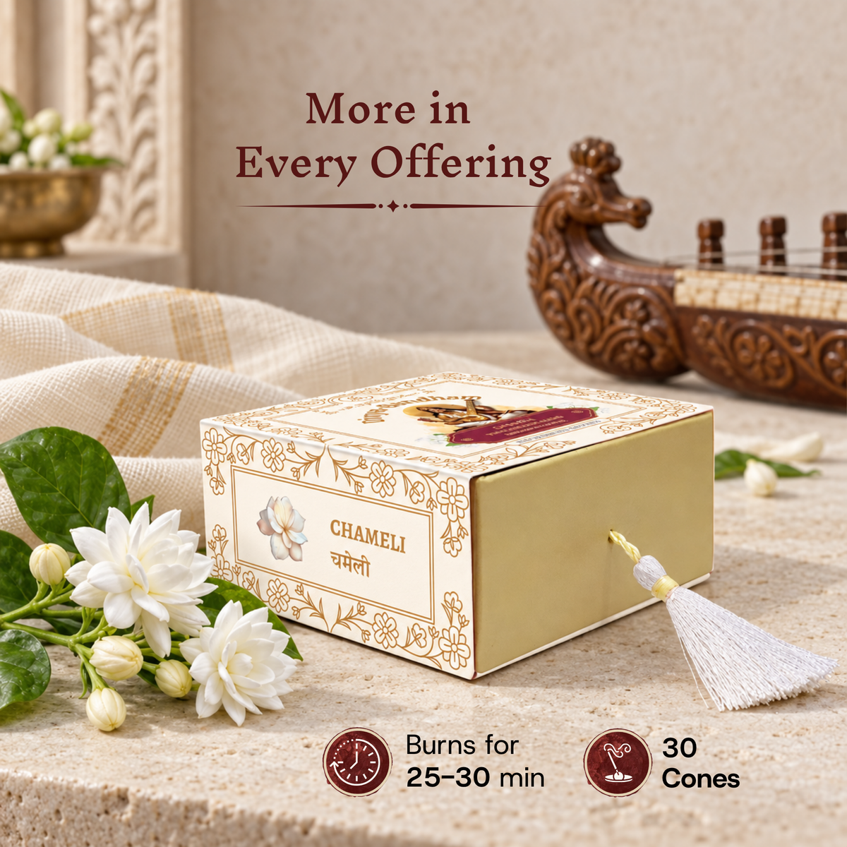 Divyagandham Chameli incense cones box detailing a 30-cone count and a 25 to 30-minute burn time near fresh jasmine blossoms and a Veena.