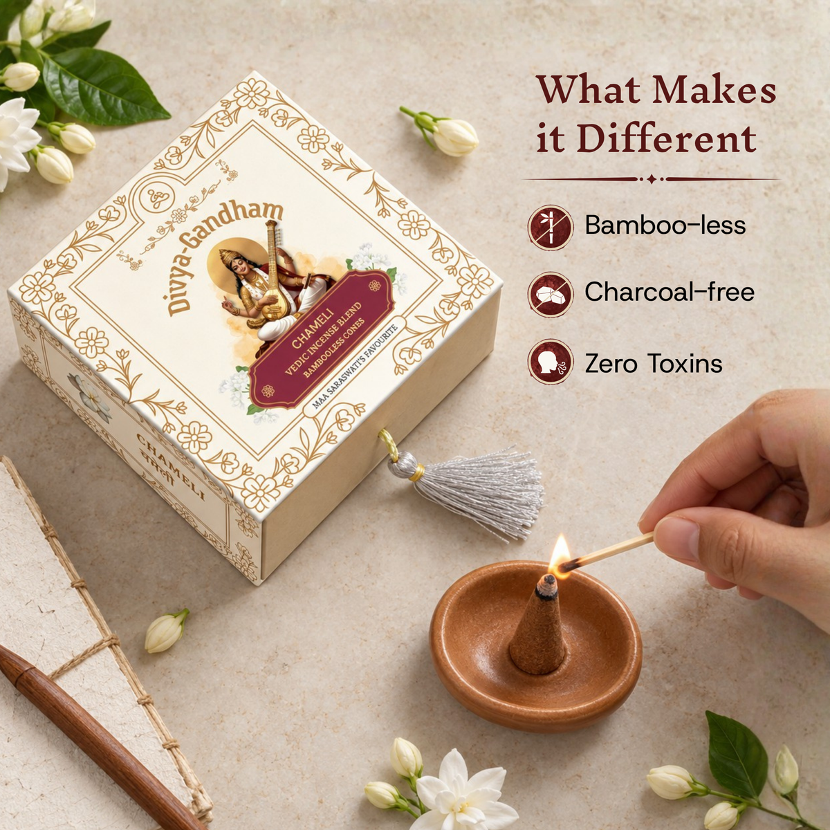 Divyagandham Chameli incense cones box emphasizing its bamboo-less, charcoal-free, and zero toxins qualities, with a hand lighting a cone nearby.