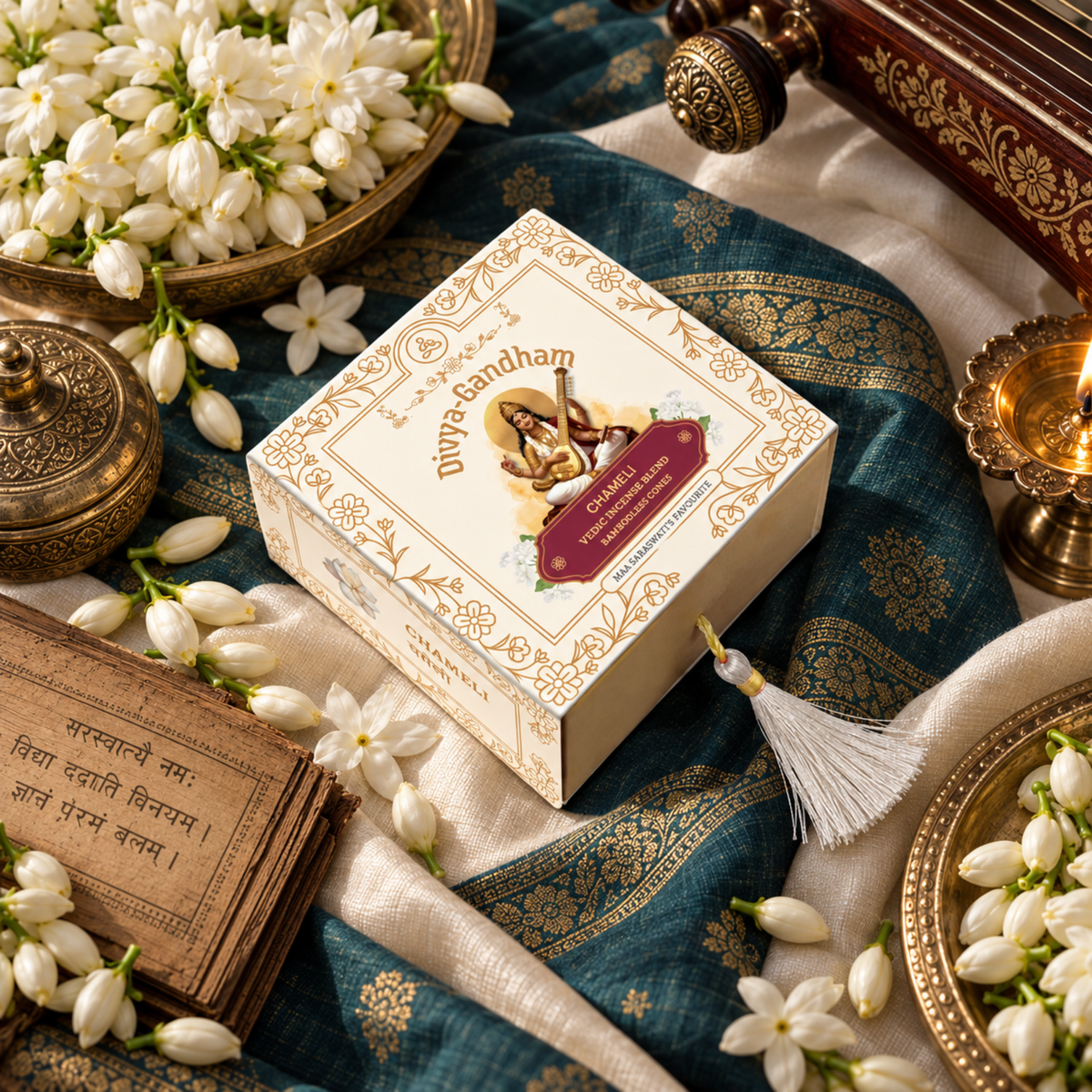 Overhead view of the Divyagandham Chameli bambooless incense cones box featuring Maa Saraswati, surrounded by jasmine flowers, a brass diya, and a Sanskrit text.
