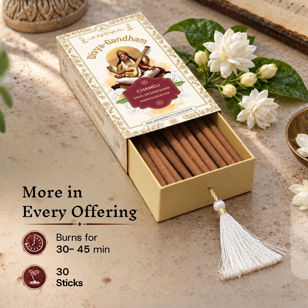 Open Divyagandham Chameli incense sticks box displaying a 30-stick count and a 30 to 45-minute burn time near fresh jasmine blossoms.