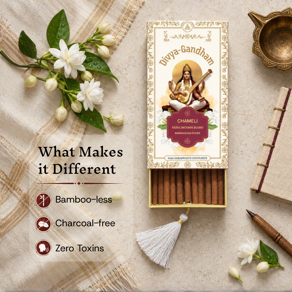 Open Divyagandham Chameli incense sticks box emphasizing its bamboo-less, charcoal-free, and zero toxins qualities, placed next to a journal, wooden pen, and jasmine flowers.