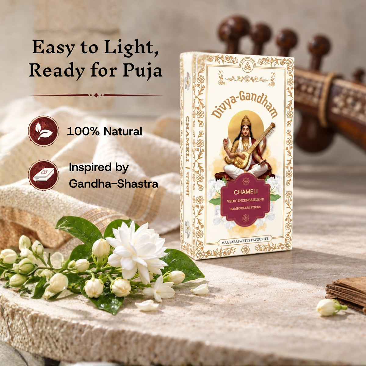 Divyagandham Chameli incense box highlighting it is easy to light, 100% natural, and inspired by Gandha-Shastra, set near a Veena musical instrument.