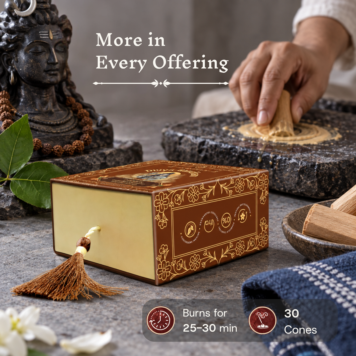 Divyagandham Chandan incense cones box detailing a 30-cone count and a 25 to 30-minute burn time, shown as someone grinds sandalwood on a stone beside a Shiva statue.