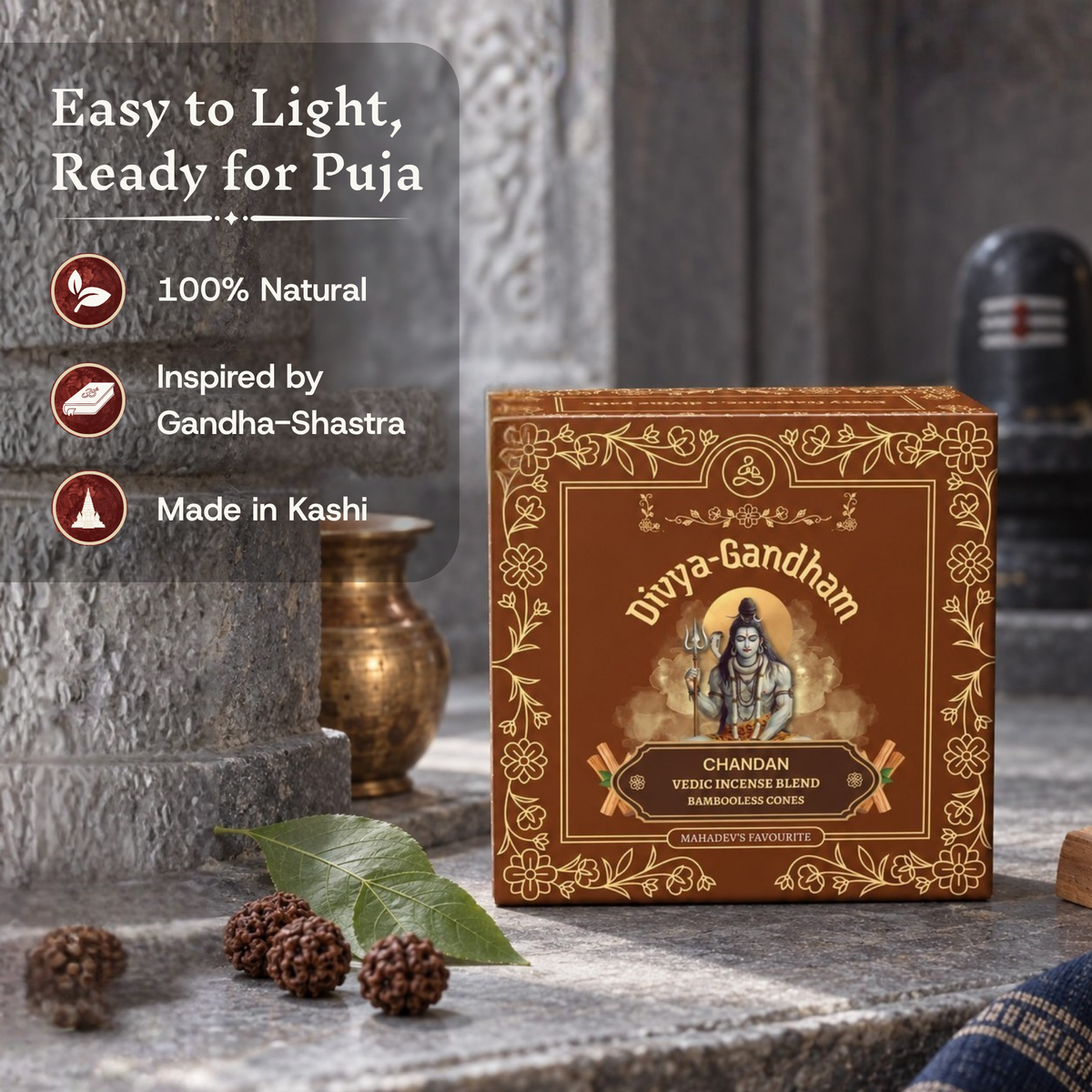 Divyagandham Chandan incense cones box highlighting it is easy to light, 100% natural, inspired by Gandha-Shastra, and made in Kashi, placed outdoors near a brass pot, a bel leaf, and rudraksha beads.