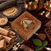 Overhead view of the Divyagandham Chandan bambooless incense cones box featuring Lord Shiva, surrounded by sandalwood logs, freshly ground sandalwood paste on a stone, a copper kalash, and a lit brass diya on a red velvet cloth.