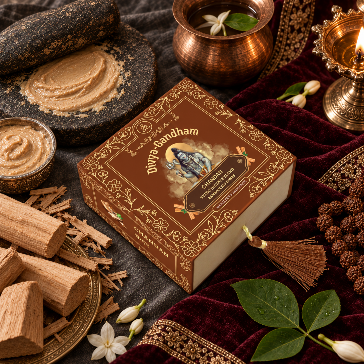Overhead view of the Divyagandham Chandan bambooless incense cones box featuring Lord Shiva, surrounded by sandalwood logs, freshly ground sandalwood paste on a stone, a copper kalash, and a lit brass diya on a red velvet cloth.