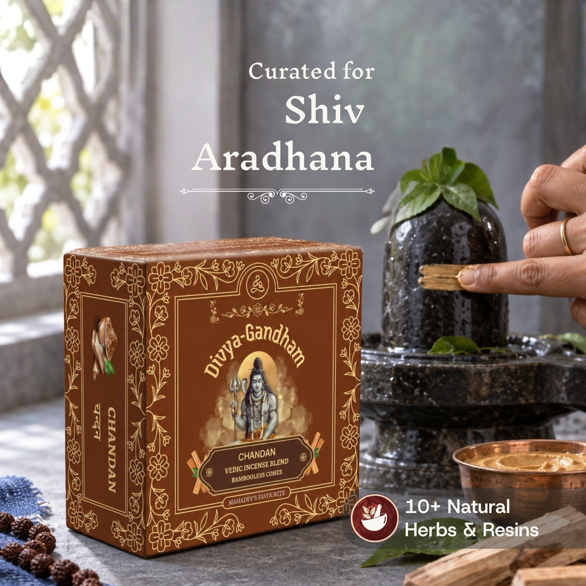 Divyagandham Chandan incense cones box curated for Shiv Aradhana containing 10+ natural herbs and resins, positioned near a hand applying sandalwood paste to a Shivling.
